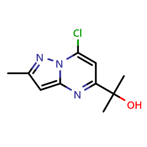 Chemical structure of 2-(7-chloro-2-methyl-pyrazolo[1,5-a]pyrimidin-5-yl)propan-2-ol , CAS 2387596-80-5, AChemBlock T91675