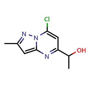 Chemical structure of 1-(7-chloro-2-methyl-pyrazolo[1,5-a]pyrimidin-5-yl)ethanol , CAS 2387598-87-8, AChemBlock T91676