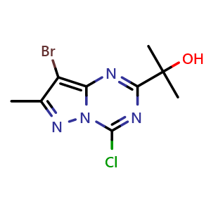 Chemical structure of 2-(8-bromo-4-chloro-7-methyl-pyrazolo[1,5-a][1,3,5]triazin-2-yl)propan-2-ol , CAS 2387596-16-7, AChemBlock T91677