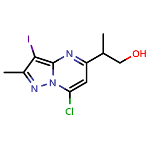 Chemical structure of 2-(7-chloro-3-iodo-2-methyl-pyrazolo[1,5-a]pyrimidin-5-yl)propan-1-ol , CAS 2387598-35-6, AChemBlock T91680