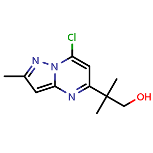 Chemical structure of 2-(7-chloro-2-methyl-pyrazolo[1,5-a]pyrimidin-5-yl)-2-methyl-propan-1-ol , CAS 2387596-87-2, AChemBlock T91681