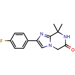 Chemical structure of 2-(4-fluorophenyl)-8,8-dimethyl-7,8-dihydroimidazo[1,2-a]pyrazin-6(5H)-one , CAS 1261118-04-0, AChemBlock T91758