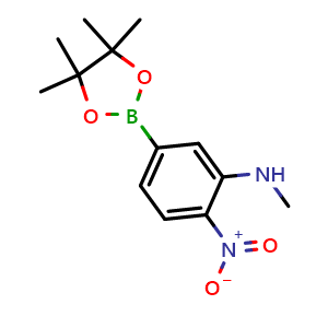 Chemical structure of N-methyl-5-(4,4,5,5-tetramethyl-1,3,2-dioxaborolan-2-yl)-2-nitrobenzenamine , CAS 1256958-60-7, AChemBlock T91760