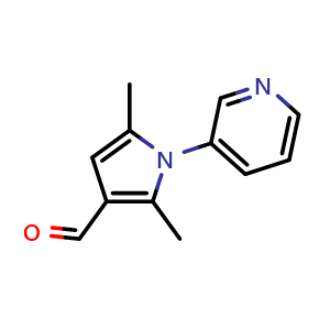 Chemical structure of 2,5-Dimethyl-1-pyridin-3-yl-1H-pyrrole-3-carbaldehyde , CAS 35711-47-8, AChemBlock T91802
