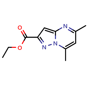 Chemical structure of ethyl 5,7-dimethylpyrazolo[1,5-a]pyrimidine-2-carboxylate , CAS 1263285-54-6, AChemBlock T91805