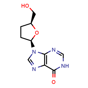 Chemical structure of 9-[(2R,5S)-5-(hydroxymethyl)oxolan-2-yl]-6,9-dihydro-1H-purin-6-one , CAS 69655-05-6, AChemBlock T91806