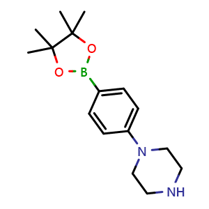 Chemical structure of 1-(4-(4,4,5,5-Tetramethyl-1,3,2-dioxaborolan-2-yl)phenyl)piperazine , CAS 912369-50-7, AChemBlock T91815