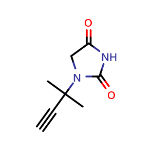 Chemical structure of 1-(2-methylbut-3-yn-2-yl)imidazolidine-2,4-dione , CAS 1504820-89-6, AChemBlock T91818
