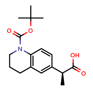 Chemical structure of (2S)-2-(1-tert-butoxycarbonyl-3,4-dihydro-2H-quinolin-6-yl)propanoic acid , CAS 2387565-45-7, AChemBlock T91840