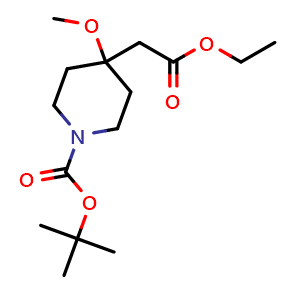 Chemical structure of tert-butyl 4-(2-ethoxy-2-oxo-ethyl)-4-methoxy-piperidine-1-carboxylate , CAS 2119413-88-4, AChemBlock T91852