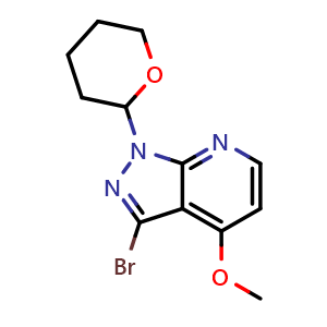 Chemical structure of 3-bromo-1-(tetrahydro-2H-pyran-2-yl)-4-methoxy-1H-pyrazolo[3,4-b]pyridine , CAS 1416714-63-0, AChemBlock T91879