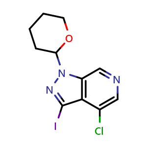 Chemical structure of 4-chloro-1-(tetrahydro-2H-pyran-2-yl)-3-iodo-1H-pyrazolo[3,4-c]pyridine , CAS 1416714-61-8, AChemBlock T91881