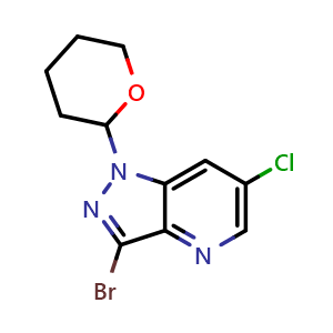 Chemical structure of 3-bromo-6-chloro-1-(tetrahydro-2H-pyran-2-yl)-1H-pyrazolo[4,3-b]pyridine , CAS 1416714-58-3, AChemBlock T91884