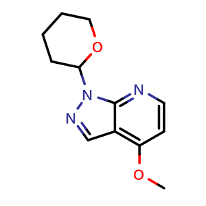 Chemical structure of 1-(tetrahydro-2H-pyran-2-yl)-4-methoxy-1H-pyrazolo[3,4-b]pyridine , CAS 1416714-54-9, AChemBlock T91885