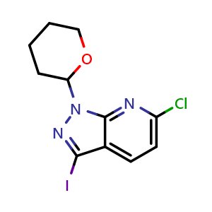 Chemical structure of 6-chloro-1-(tetrahydro-2H-pyran-2-yl)-3-iodo-1H-pyrazolo[3,4-b]pyridine , CAS 1416714-43-6, AChemBlock T91889