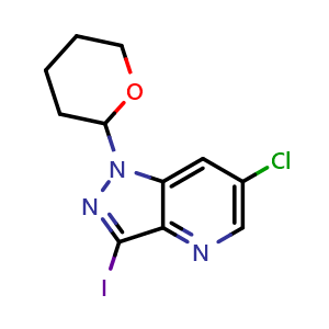 Chemical structure of 6-chloro-1-(tetrahydro-2H-pyran-2-yl)-3-iodo-1H-pyrazolo[4,3-b]pyridine , CAS 1416714-41-4, AChemBlock T91891