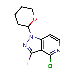 Chemical structure of 4-chloro-1-(tetrahydro-2H-pyran-2-yl)-3-iodo-1H-pyrazolo[4,3-c]pyridine , CAS 1416714-29-8, AChemBlock T91892
