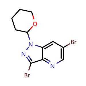 Chemical structure of 3,6-dibromo-1-(tetrahydro-2H-pyran-2-yl)-1H-pyrazolo[4,3-b]pyridine , CAS 1416713-57-9, AChemBlock T91906