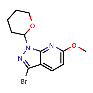 Chemical structure of 3-bromo-1-(tetrahydro-2H-pyran-2-yl)-6-methoxy-1H-pyrazolo[3,4-b]pyridine , CAS 1416713-54-6, AChemBlock T91909