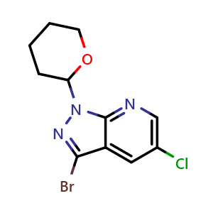 Chemical structure of 3-Bromo-5-chloro-1-(tetrahydro-2H-pyran-2-yl)-1H-pyrazolo[3,4-b]pyridine , CAS 1416713-51-3, AChemBlock T91910