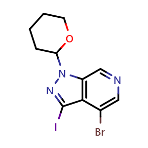 Chemical structure of 4-bromo-1-(tetrahydro-2H-pyran-2-yl)-3-iodo-1H-pyrazolo[3,4-c]pyridine , CAS 1416713-27-3, AChemBlock T91913