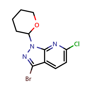 Chemical structure of 3-bromo-6-chloro-1-(tetrahydro-2H-pyran-2-yl)-1H-pyrazolo[3,4-b]pyridine , CAS 1416713-12-6, AChemBlock T91916