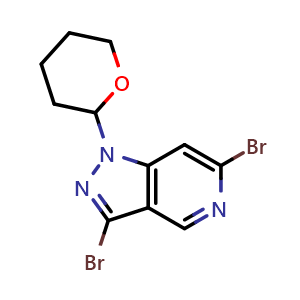 Chemical structure of 3,6-dibromo-1-(tetrahydro-2H-pyran-2-yl)-1H-pyrazolo[4,3-c]pyridine , CAS 1416712-92-9, AChemBlock T91921