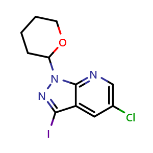 Chemical structure of 5-chloro-1-(tetrahydro-2H-pyran-2-yl)-3-iodo-1H-pyrazolo[3,4-b]pyridine , CAS 1416712-87-2, AChemBlock T91923