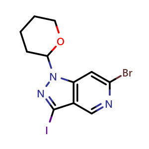 Chemical structure of 6-bromo-1-(tetrahydro-2H-pyran-2-yl)-3-iodo-1H-pyrazolo[4,3-c]pyridine , CAS 1416712-84-9, AChemBlock T91924
