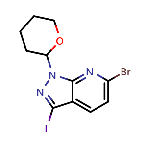 Chemical structure of 6-bromo-1-(tetrahydro-2H-pyran-2-yl)-3-iodo-1H-pyrazolo[3,4-b]pyridine , CAS 1416712-53-2, AChemBlock T91931