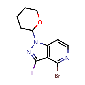 Chemical structure of 4-bromo-1-(tetrahydro-2H-pyran-2-yl)-3-iodo-1H-pyrazolo[4,3-c]pyridine , CAS 1416712-52-1, AChemBlock T91932