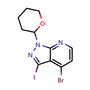 Chemical structure of 4-bromo-1-(tetrahydro-2H-pyran-2-yl)-3-iodo-1H-pyrazolo[3,4-b]pyridine , CAS 1416712-50-9, AChemBlock T91934
