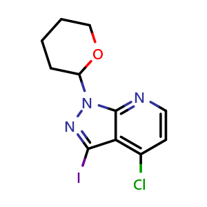Chemical structure of 4-chloro-1-(tetrahydro-2H-pyran-2-yl)-3-iodo-1H-pyrazolo[3,4-b]pyridine , CAS 1416712-47-4, AChemBlock T91935