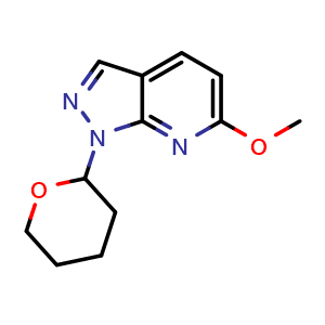 Chemical structure of 1-(tetrahydro-2H-pyran-2-yl)-6-methoxy-1H-pyrazolo[3,4-b]pyridine , CAS 1416712-41-8, AChemBlock T91938