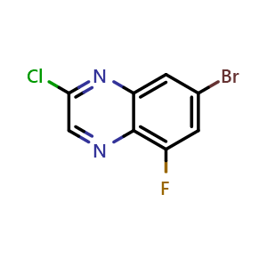 Chemical structure of 7-bromo-2-chloro-5-fluoroquinoxaline , CAS 2411637-36-8, AChemBlock T91995