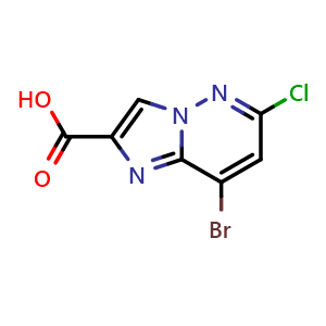 Chemical structure of 8-bromo-6-chloroimidazo[1,2-b]pyridazine-2-carboxylic acid , CAS 2090062-10-3, AChemBlock T91996