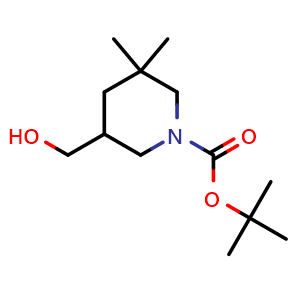 Chemical structure of tert-butyl 5-(hydroxymethyl)-3,3-dimethyl-piperidine-1-carboxylate , CAS 1781046-65-8, AChemBlock T92037
