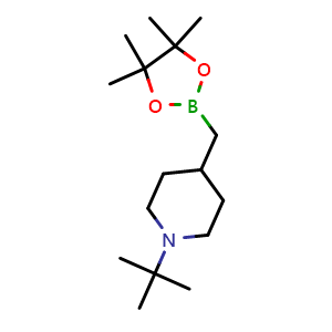 Chemical structure of 1-tert-butyl-4-[(4,4,5,5-tetramethyl-1,3,2-dioxaborolan-2-yl)methyl]piperidine , AChemBlock T92040