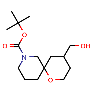 Chemical structure of tert-butyl 4-(hydroxymethyl)-1-oxa-8-azaspiro[5.5]undecane-8-carboxylate , CAS 2387595-21-1, AChemBlock T92041