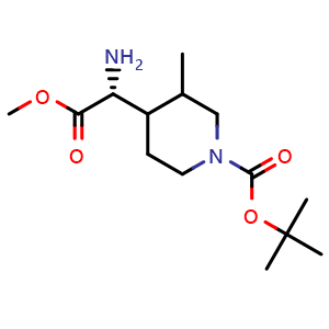Chemical structure of tert-butyl 4-[(1R)-1-amino-2-methoxy-2-oxo-ethyl]-3-methyl-piperidine-1-carboxylate , CAS 2387585-47-7, AChemBlock T92044