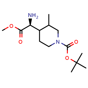 Chemical structure of tert-butyl 4-[(1S)-1-amino-2-methoxy-2-oxo-ethyl]-3-methyl-piperidine-1-carboxylate , CAS 2387585-53-5, AChemBlock T92045