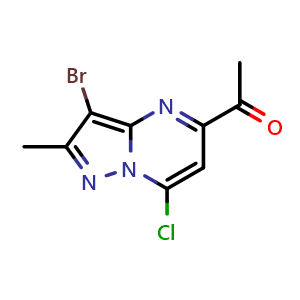 Chemical structure of 1-(3-bromo-7-chloro-2-methyl-pyrazolo[1,5-a]pyrimidin-5-yl)ethanone , CAS 2387600-66-8, AChemBlock T92112