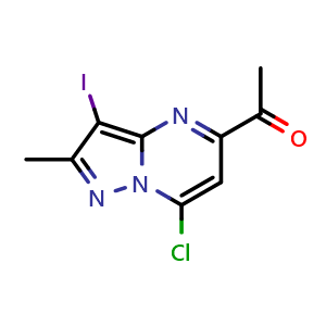 Chemical structure of 1-(7-chloro-3-iodo-2-methyl-pyrazolo[1,5-a]pyrimidin-5-yl)ethanone , CAS 2387601-56-9, AChemBlock T92113