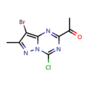 Chemical structure of 1-(8-bromo-4-chloro-7-methyl-pyrazolo[1,5-a][1,3,5]triazin-2-yl)ethanone , CAS 2387601-81-0, AChemBlock T92114