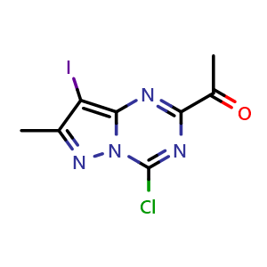 Chemical structure of 1-(4-chloro-8-iodo-7-methyl-pyrazolo[1,5-a][1,3,5]triazin-2-yl)ethanone , CAS 2387601-26-3, AChemBlock T92115