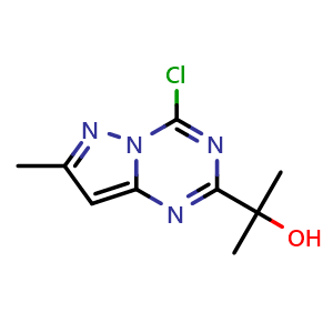 Chemical structure of 2-(4-chloro-7-methyl-pyrazolo[1,5-a][1,3,5]triazin-2-yl)propan-2-ol , CAS 2387601-70-7, AChemBlock T92116