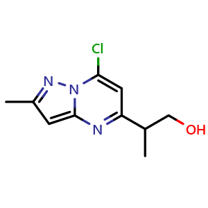 Chemical structure of 2-(7-chloro-2-methyl-pyrazolo[1,5-a]pyrimidin-5-yl)propan-1-ol , CAS 2387601-60-5, AChemBlock T92117