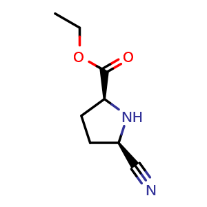 Chemical structure of ethyl (2S,5R)-5-cyanopyrrolidine-2-carboxylate , CAS 435274-89-8, AChemBlock T92121