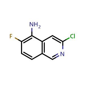 Chemical structure of 3-chloro-6-fluoroisoquinolin-5-amine , CAS 1841079-95-5, AChemBlock T92122