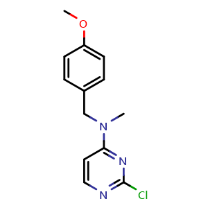 Chemical structure of 2-chloro-N-[(4-methoxyphenyl)methyl]-N-methylpyrimidin-4-amine , CAS 1394040-31-3, AChemBlock T92131